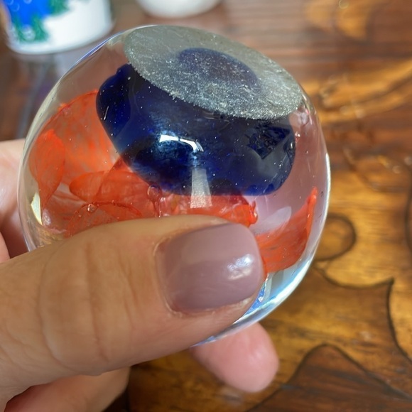 Glass Paperweight Hand Blown Orange Royal Blue Flower Round Vintage - Picture 4 of 7